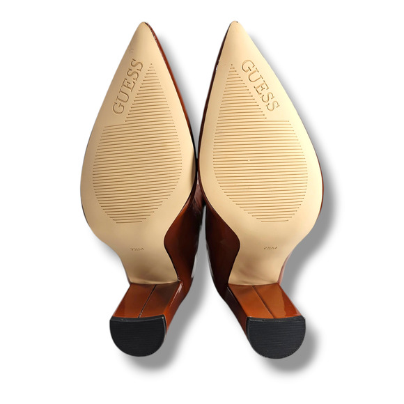 NWOB Guess Abbale Patent Pointed Toe Mid-Calf Block Heel Boots Sz. 7.5M Caramel - Picture 6 of 9